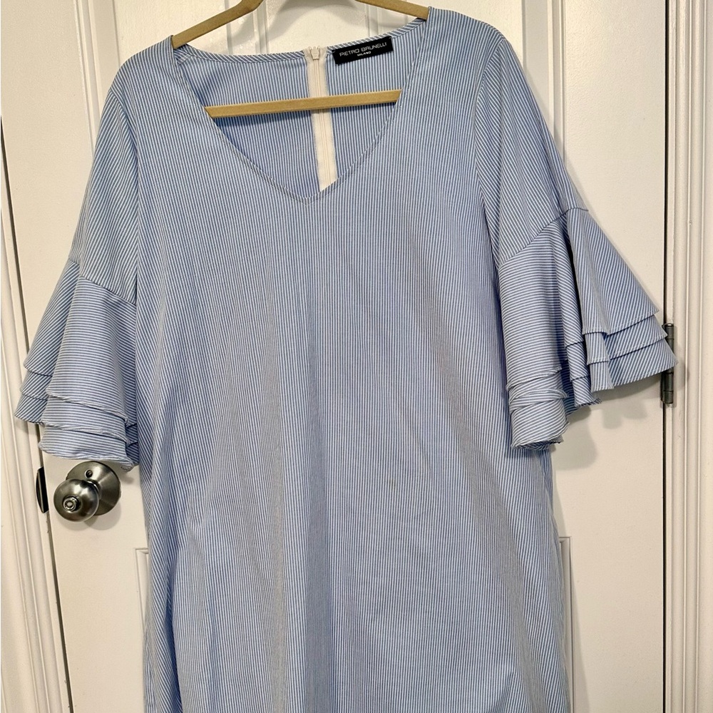 Maternity Pietro Brunelli Blue and White Striped Ruffle Sleeve Dress